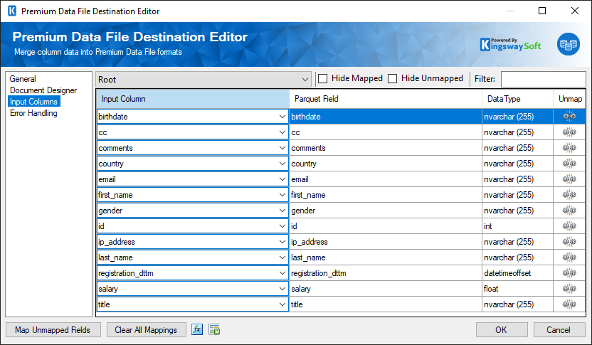 Premium Data File Destination - Columns Page